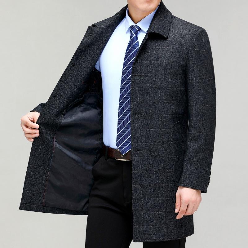 Autumn and Winter Thick Wool Windbreaker Middle-aged Men's Mid-length Business Coat Jacket Dad's Large Size Buttoned Top