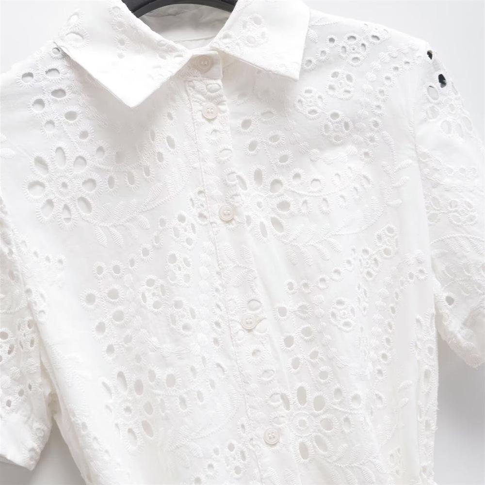 Spring/Summer 2025 Women's Embroidered Shirt Dress with Belt and Turn-Down Collar