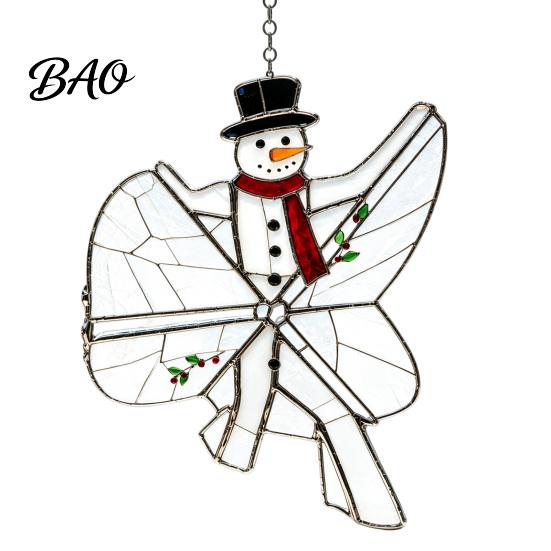 Holiday Garden Decor Christmas Snowman/Santa Claus/Deer Suncatcher, Stained Glass Style Pendant with Hanging Living Room Festive Chain, 2D Flat
