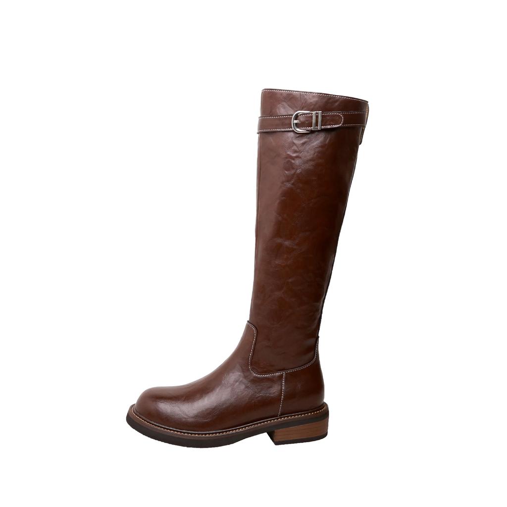 Gewaschenes Rindsleder Herbst und Winter dünne hohe Stiefel Gürtelschnalle Damen dicker Absatz dicksohlige lange Reiterstiefel