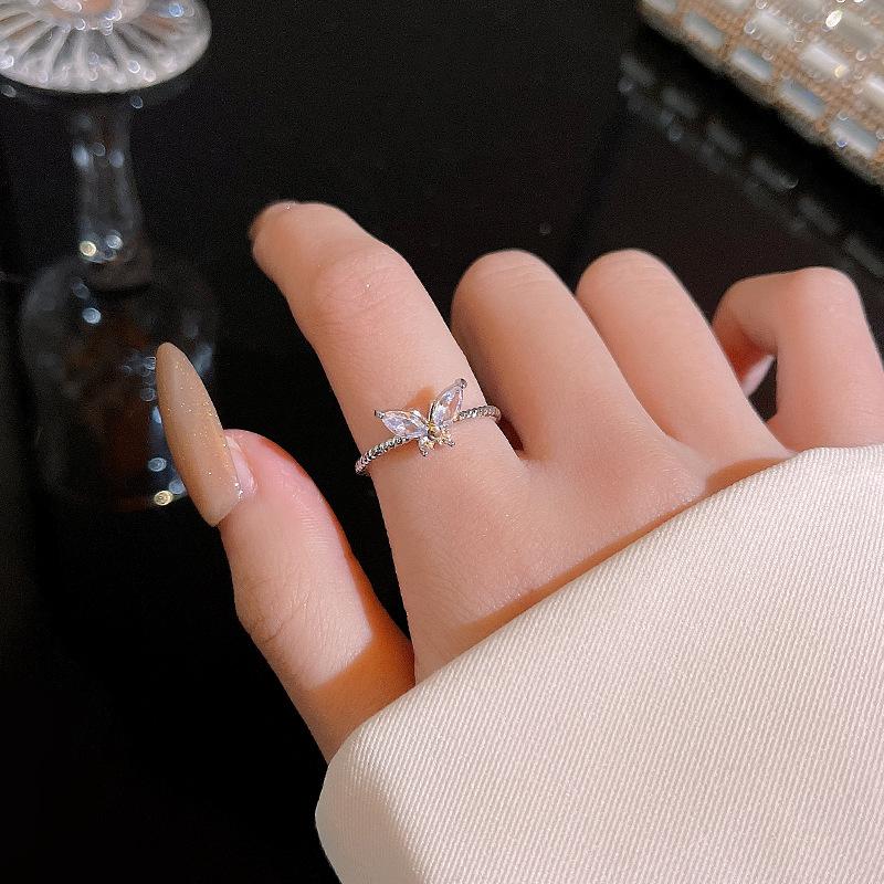 Ins Tide Design Sense Zircon Butterfly Ring Female Plain Ring Open Ring Internet Celebrity Same Hand