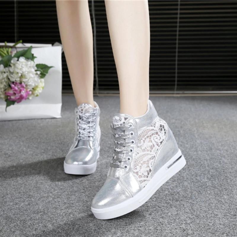Women's Leather High-heeled Shoes Wedge Platform Sports Shoes Rubber Cloth Shoes Height Silver