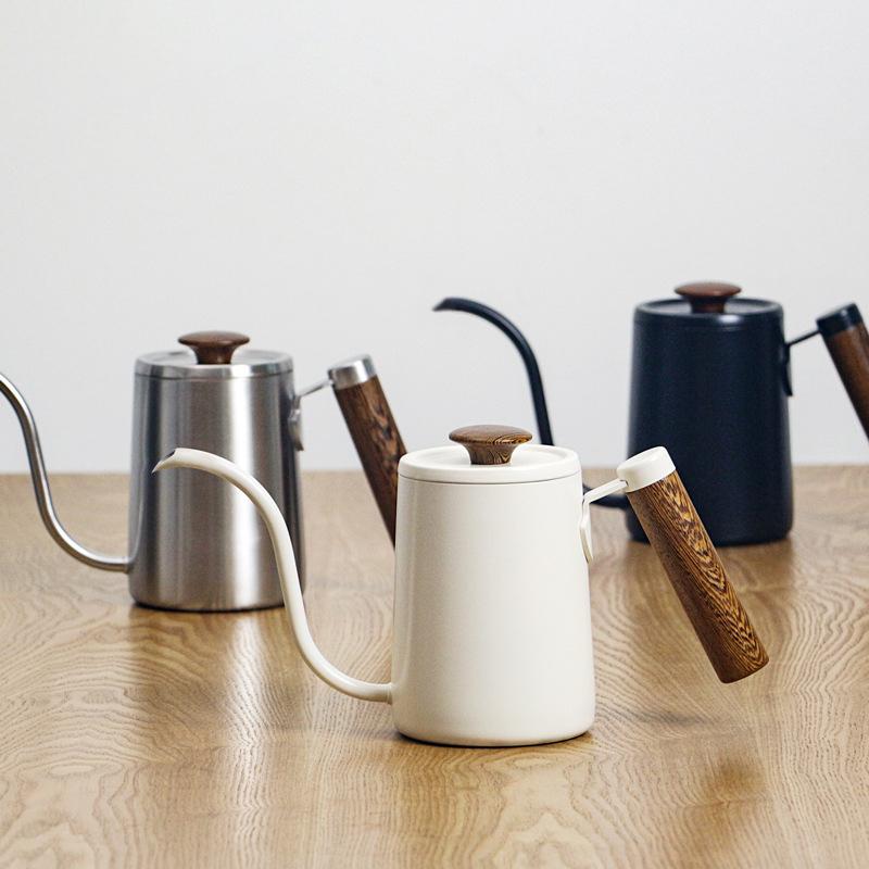 600ML Hand Brewing Pot Gooseneck Kettle Spout Espresso Coffee Tea Milk Pot Wooden Handle 304 Stainless Steel Coffee Pot for Home