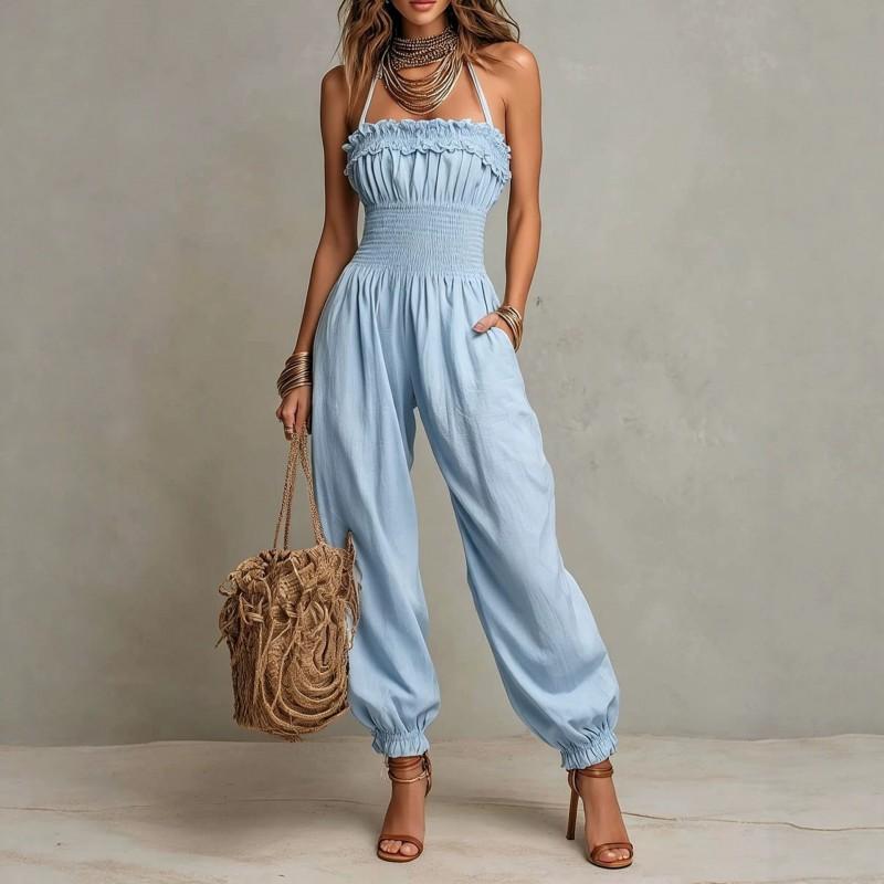 Bohemian Style Linen Cotton Jumpsuit With Halter Neck Lantern Sleeves Women 2026