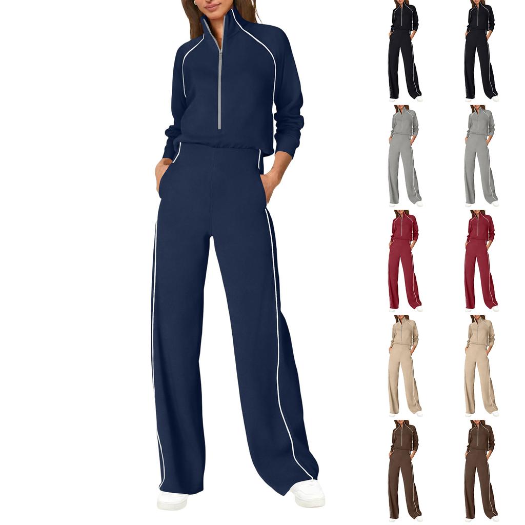 Women's Fashionable Casual Long-Sleeved -Color Sweatshirt And Wide-Leg Pants Two-Piece Set