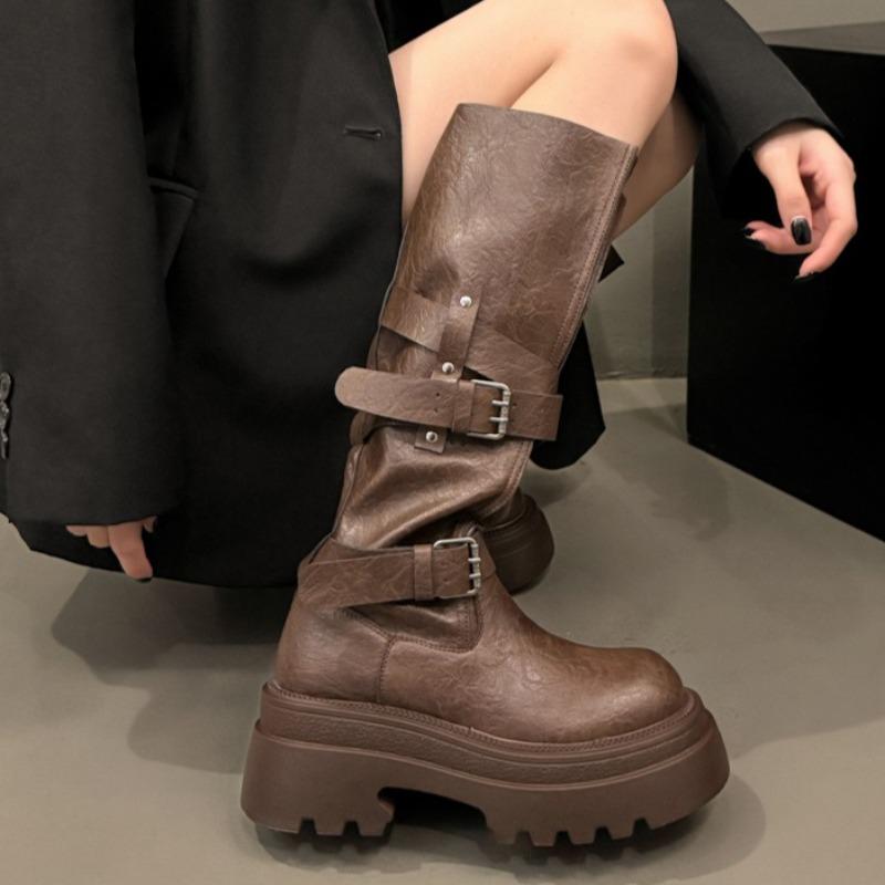 Designer Women Knee High Chelsea Boots Chunky Platform Goth Fad Heeled Shoes  Winter New Casual Woman Mid Heels Long Botas