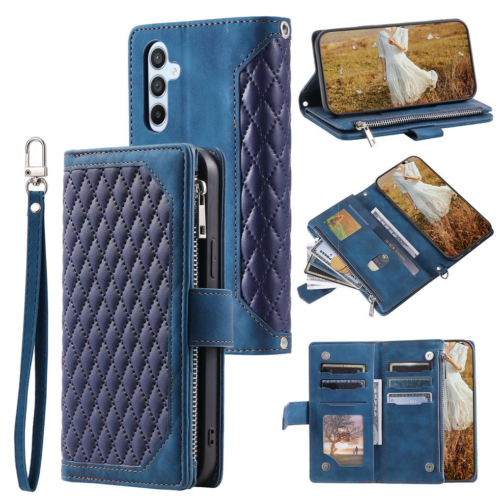 For Samsung Galaxy A17 Wallet Case Rhombus Stitching Line PU Leather Phone Cover with Wrist Strap