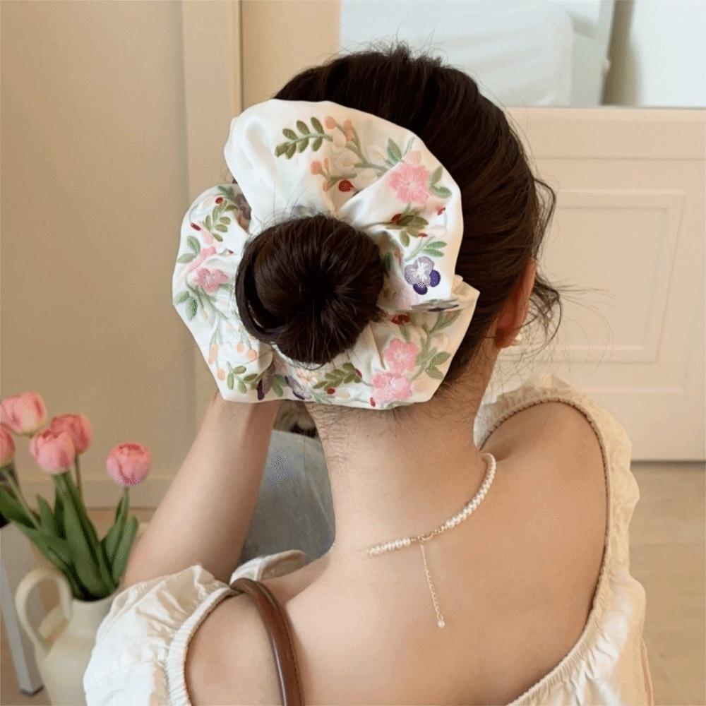 Colorful Floral Scrunchies Satin Hair Ropes Temperament Embroidery Hair Scrunchies Hair Accessory
