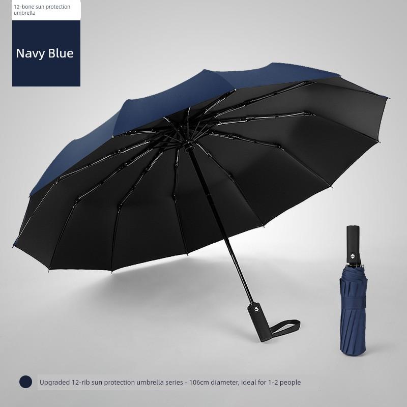 12-Rib Black Rubber Fully Automatic Folding Umbrella for Sun and Rain, Bulk Quantity, 70% off Sunshade Umbrellas with Logo Printing, Gift and