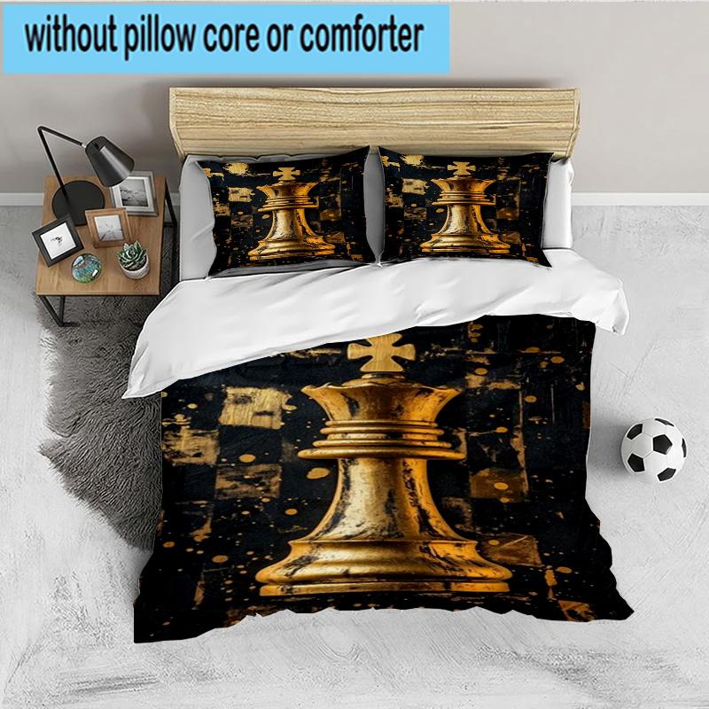Golden Chess King On Black 3PCS Bedding set,Ideal for 1pc Duvet Cover And 2pcs Pillowcases Perfect for Fan gift,Ideal for Bedroom, Dormitory