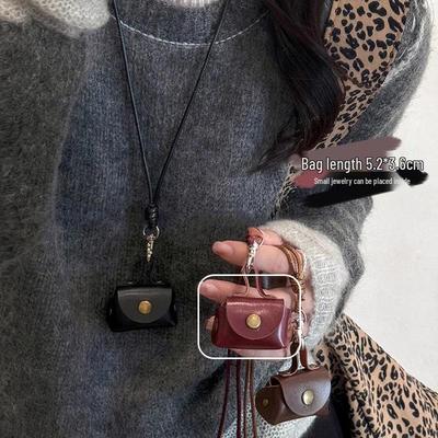Retro kožená peněženka na mince a pouzdro na sluchátka náhrdelník - Dámský crossbody lanyard a svetrový řetízek doplněk