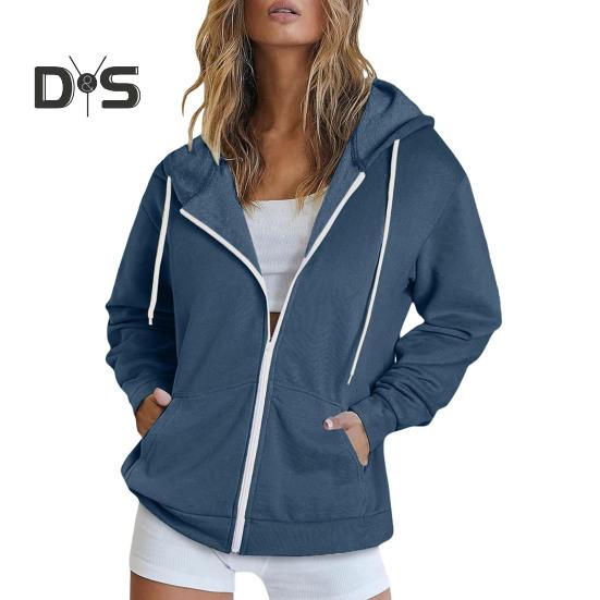 Autumn Spring Women Coat Hooded Drawstring Long Sleeves Pockets Zip-up Elastic Cuff Hem Loose Sport Hoodie Casual Daily Wear Jacket