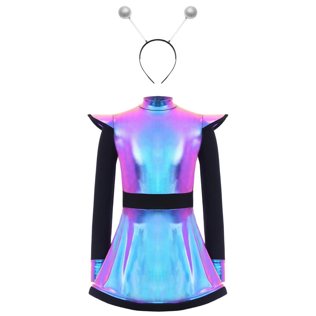 Girls Alien Costume Set Patchwork Metallic Dress Mock Neck Long Sleeve Built In Shorts Matching Hair Hoop
