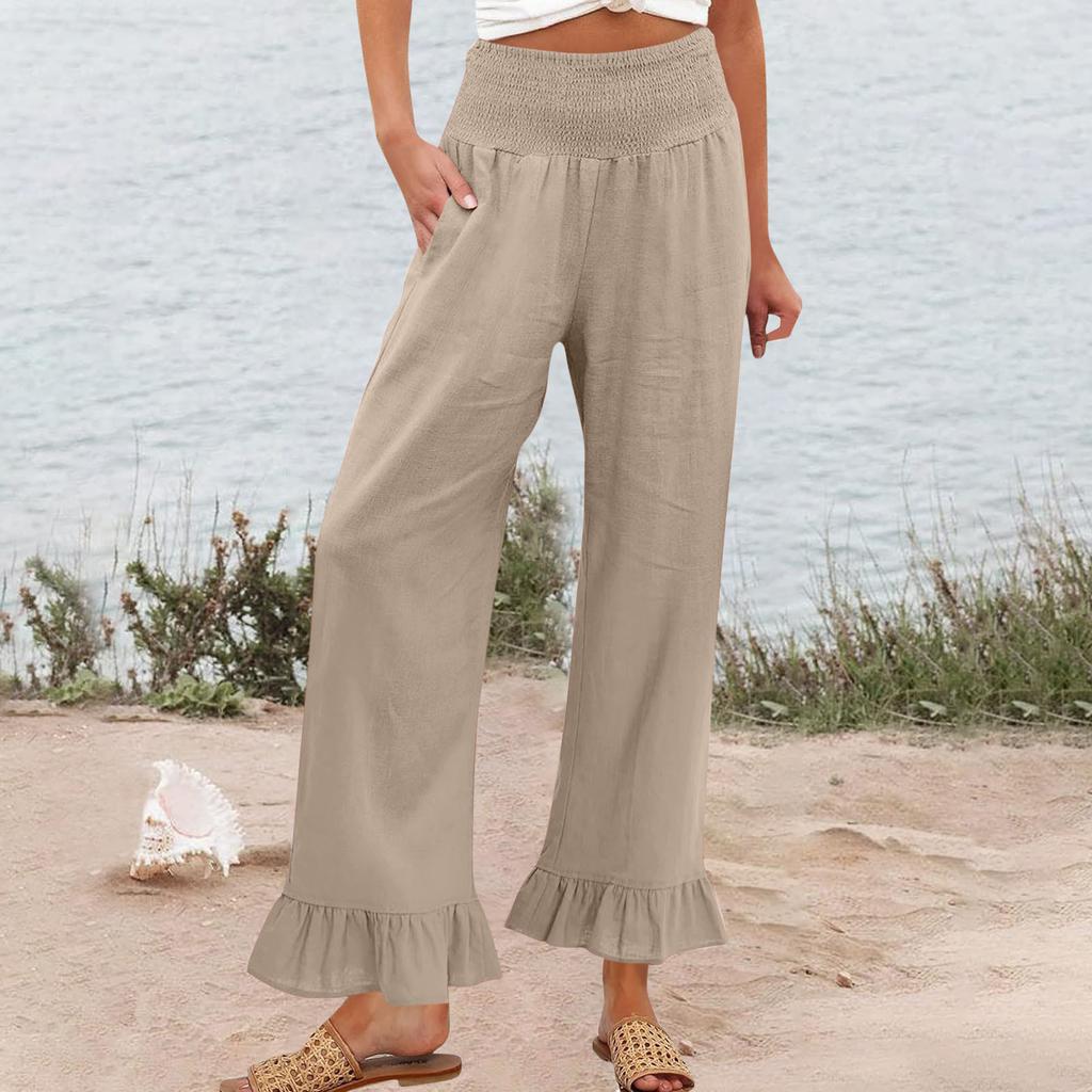 Women's Elastic Belt Pocket Linen Pants Pleated Paper Bag High Waist Ruffled Hem Wide Leg Trousers
