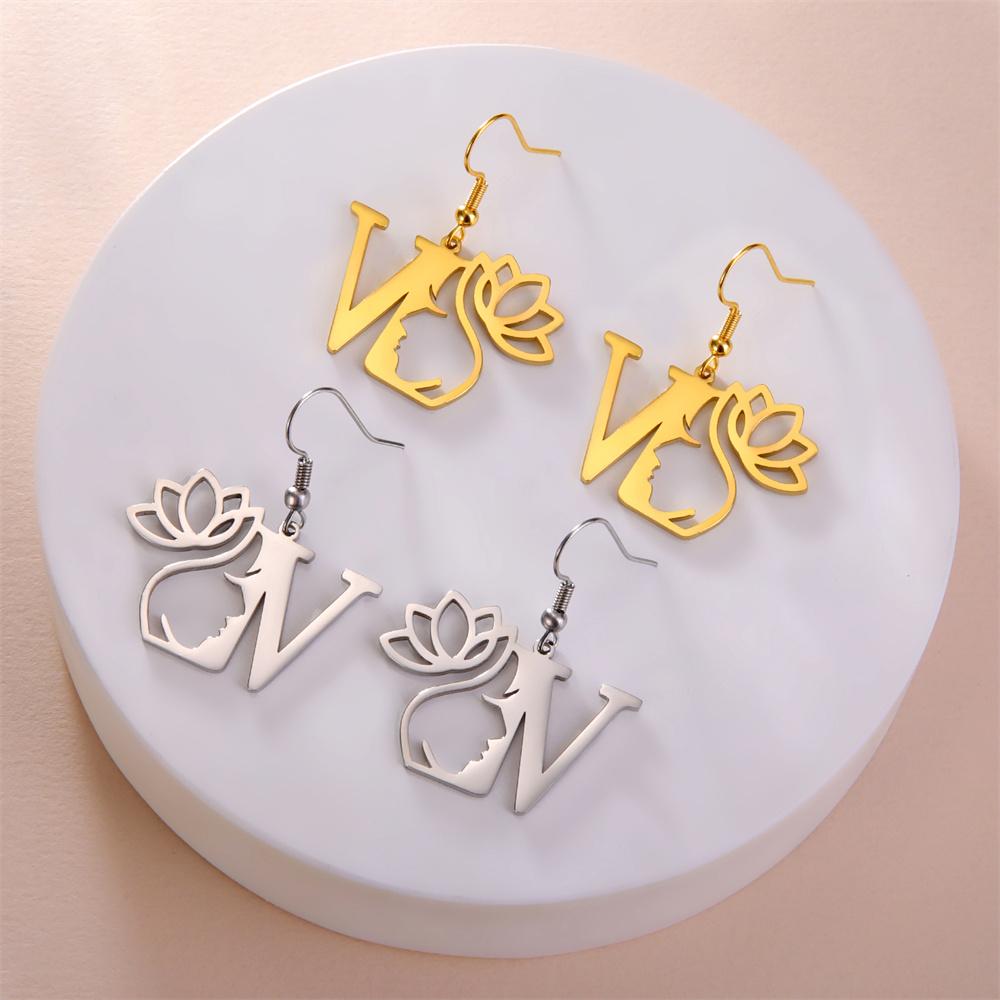My Shape Beauty Flower Letter Drop Earrings for Women A-Z Alphabet Initials Lotus Stainless Steel Fashion Jewelry Kids Female
