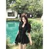 Black Lace Splicing Polo Neck Bubble Sleeve Dress Women's Summer Light Mature Wind Waist A Word Short Skirt Wholesale
