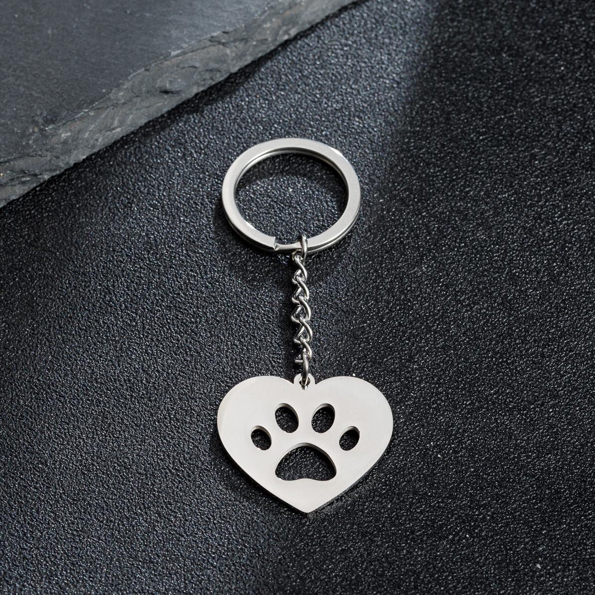 Geometric Heart & Paw Print Stainless Steel Keychain Pendant