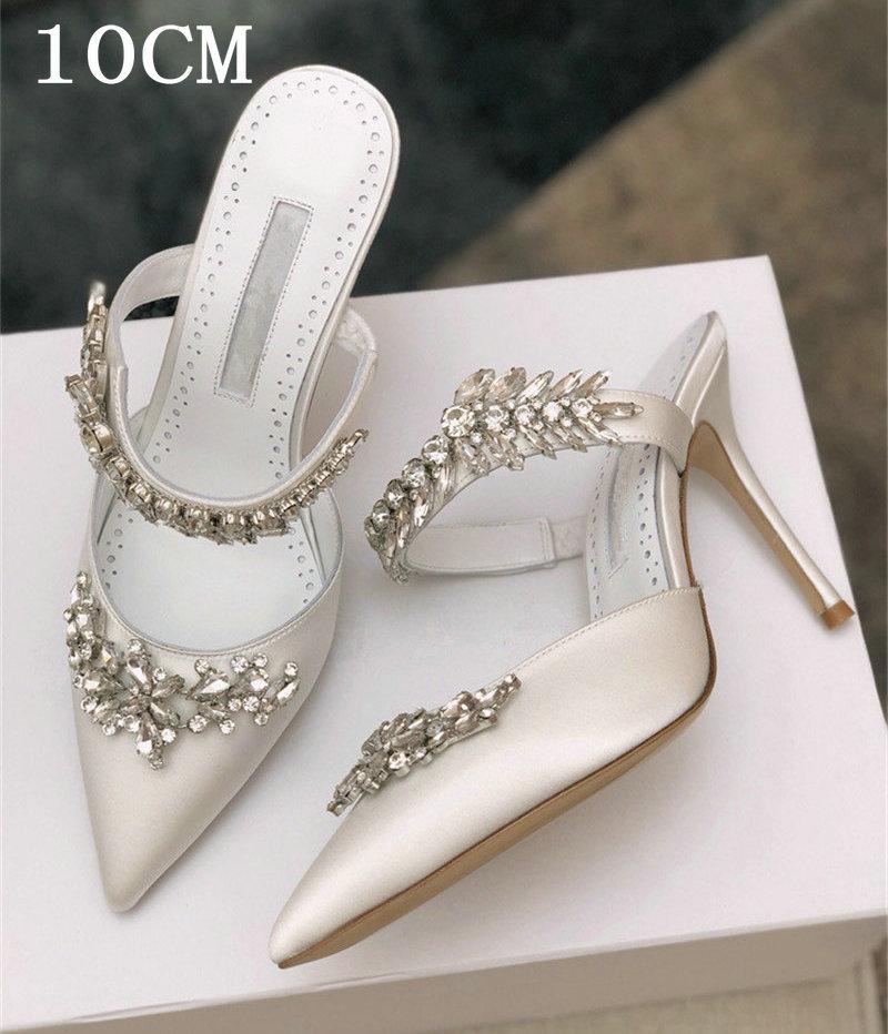 Fashion Couture! French Pointed Flat Sandal Rhinestone Goddess Fan Niche Design Sense High Heel Half Drag