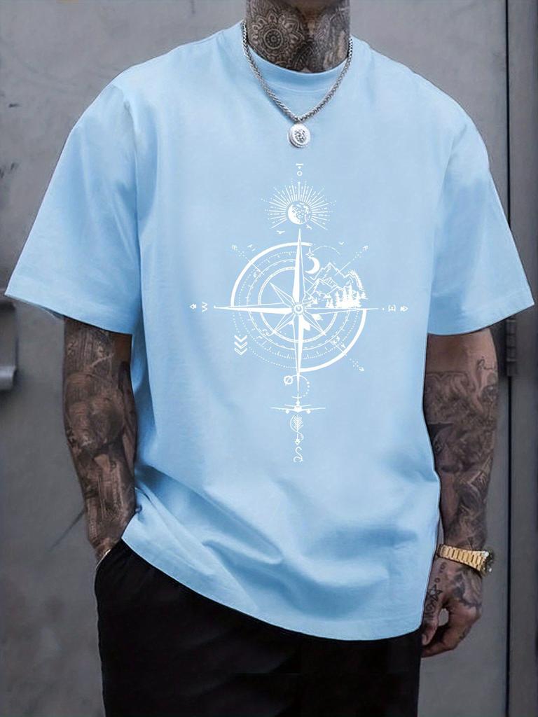 Unisex Summer Cotton Short Sleeve T Shirt Vintage Mountain Sun Moon Compass Print Crew Neck Casual Travel Adventure Street Male Tee