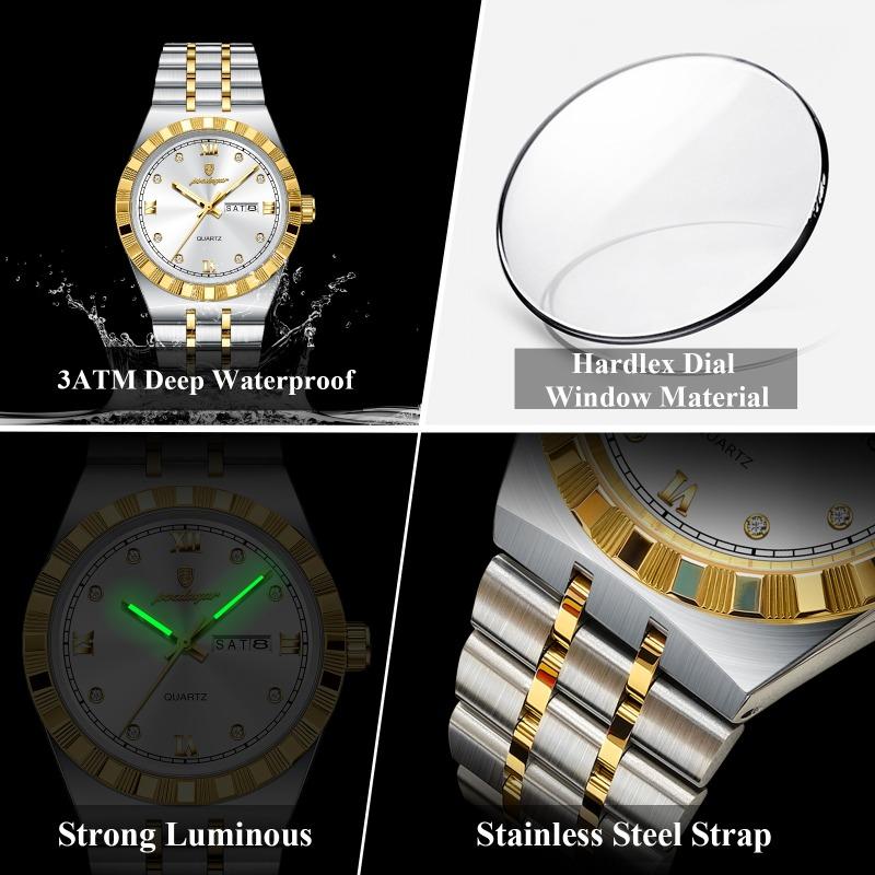 POEDAGAR Luxury Business Male Watch Waterproof Luminous Week Date Wristwatch Stainless Steel Trendy Quartz Watches for Men