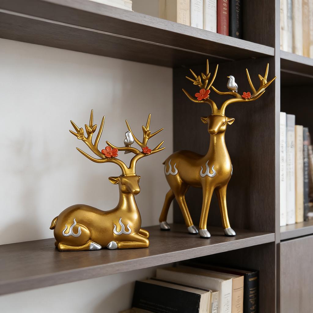 Nordic Style Deer Figurines Set, Resin Elk Statues with Gold Antler, Creative Home Decor Ornaments for Living Room TV Cabinet