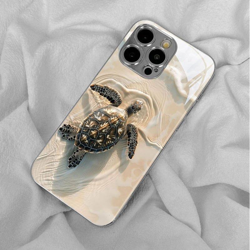 Beach Turtle Pattern Tempered Glass Phone Case For iPhone 17 16 15 14 13 12 11 Pro Max 14 Plus 17 Air Electroplate Silver Cover