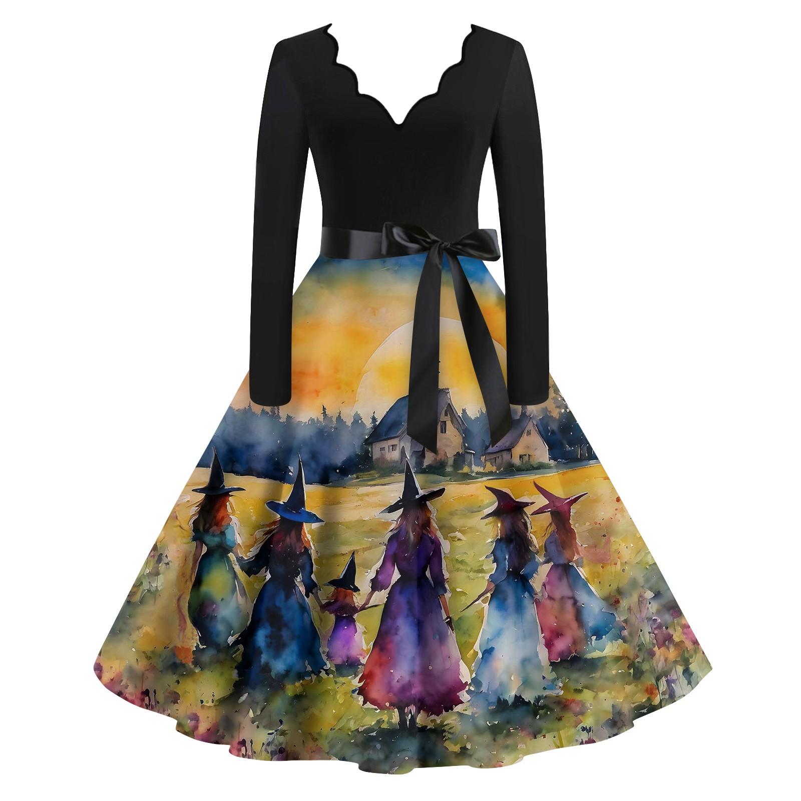 

Женские повседневные модные винтажные длинные платья с длинным рукавом на Хэллоуин и графическим принтом XXL шафрановый