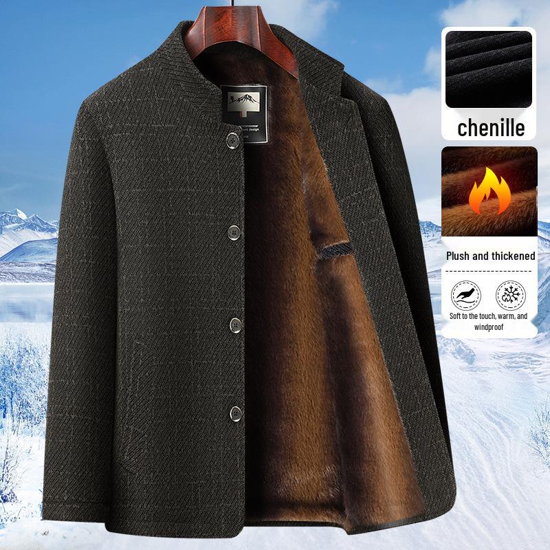 Men's Winter Wool Coat: Dad Style Stand Collar, Plus Velvet Thickened, Mid-Length Jacket for Middle-Aged and Elderly.