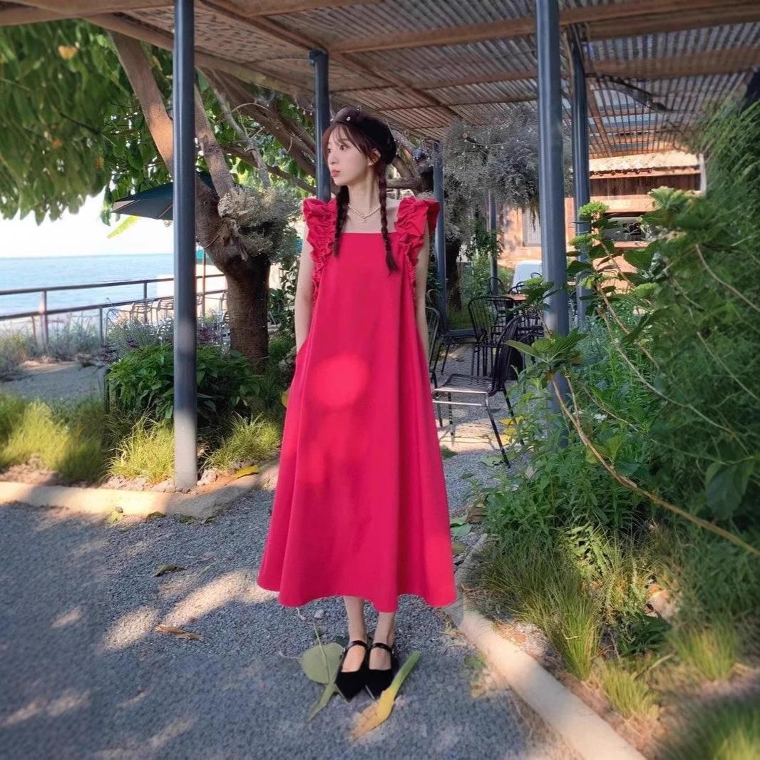 

Women s Summer French Square Neck Slimming Ruffle Midi Dress Medium рожевий червоний колір