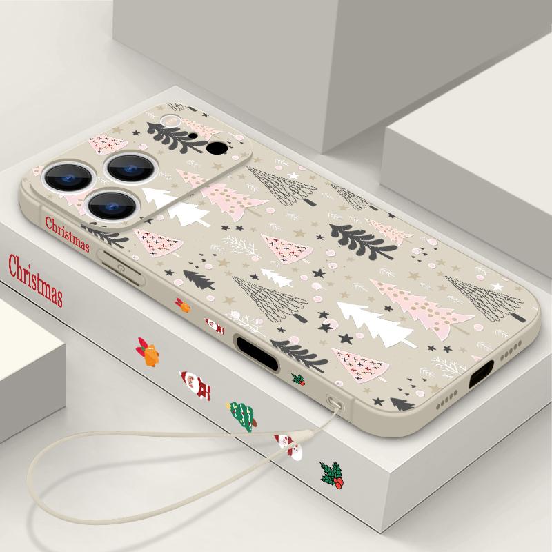 Cute Christmas Tree Pattern TPU Soft Silicone Case For iPhone 17 Pro Max 16E 16 15 14 13 Pro Max 12 Pro 11 Shockproof With Lanyard Phone Cover Fundas