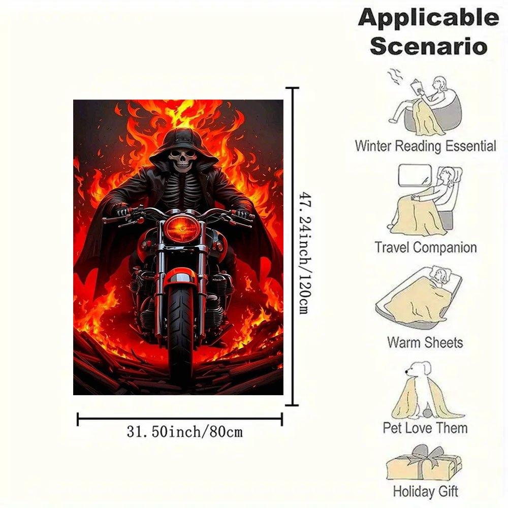 "Skull Biker with Fiery Background Wall Art Print"Blanket Flannel Throw Blanket for Sofa, Bed, Travel, Camping, Office, Couch, Chair, And Be