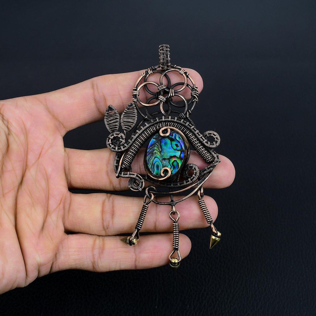 Abalone Shell 999 Copper Wire Wrapped Pendant, Handmade Gemstone Pendant Jewelry, Gifts For Wife Brand New Pendant
