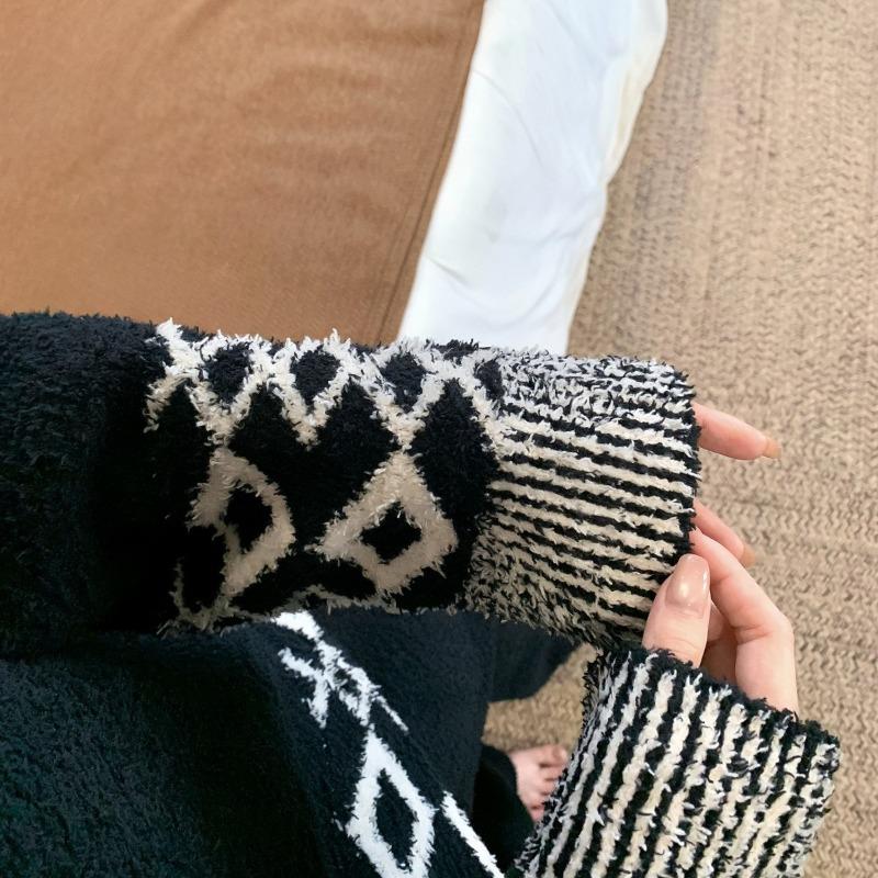 Retro rhombus jacquard half fleece winter new fleece thickened lazy sweater set large size loungewear