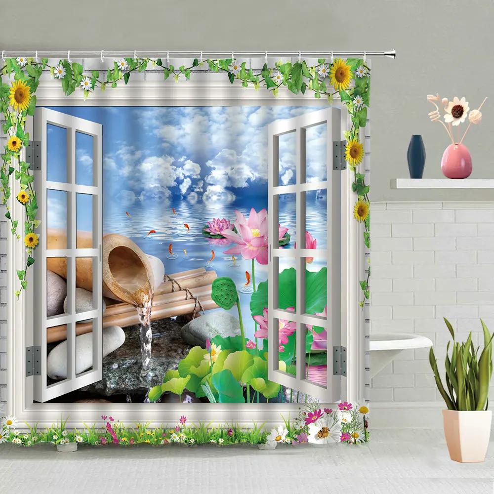 

Vintage Window Shower Curtain Retro Nature Forest Waterfall Ocean Landscape Rustic Farm Truck Bathroom Curtains Decor With Hook W60H190(CM)-1 Pcs