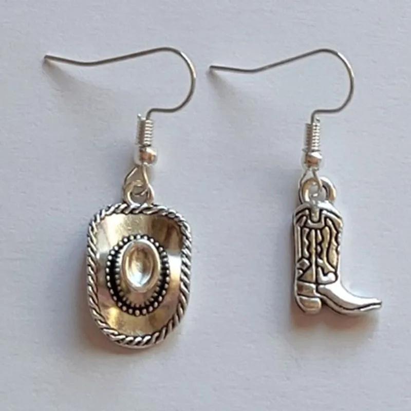 Fashion Vintage Silvery Cowboy Hat Earrings Cowgirl Boot Pendant Dangle Earrings for Women Couples Party Jewelry