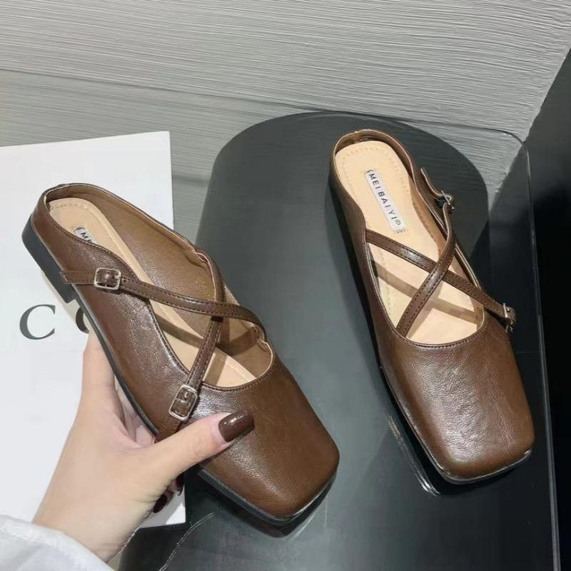Fashion Spring New Baotou Slippers Women's Square Head Shallow Mouth Word with Soft Sole Anti-slip Wear-resistant Flat Shoes