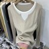 Contrasting Color Splicing Fake Two-piece Pit Strip Long-sleeved Knitted Sweater Women's Autumn and Winter New Slim-fitting Inner Bottoming Shirt Top