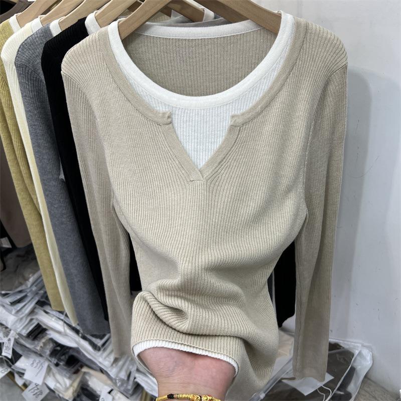 Contrasting Color Splicing Fake Two-piece Pit Strip Long-sleeved Knitted Sweater Women's Autumn and Winter New Slim-fitting Inner Bottoming Shirt Top