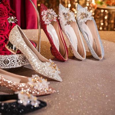 Autumn Luxurious Rhinestone Sequins Thick Heel Low Heel Comfortable Women's Single Shoes Dress Wedding Shoes