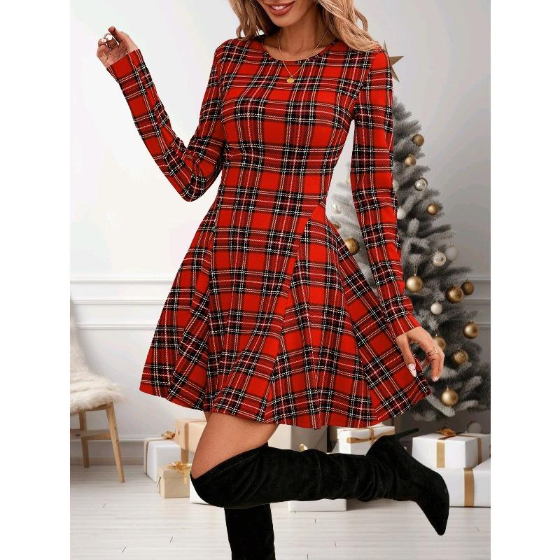Women's Cute Red Plaid Long Sleeve Dress, Christmas - Vibe Swing Mini Dress, Super Comfy for Holiday Parties & Daily Wear