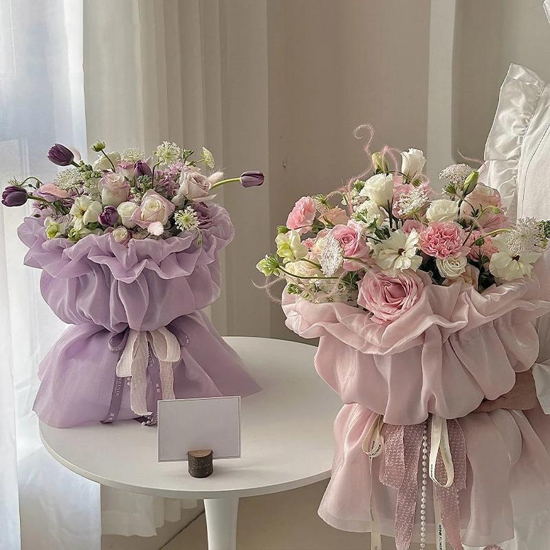 1pc Sweets Princess Skirt Elastic Packaging Film, Floral Yarn Pearl Silk Flower Wrapping Paper Materials for Bouquet Flower Shop