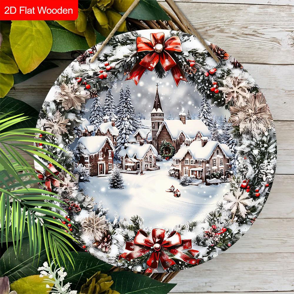 Caldo Inverno Natale Segno di Legno con Motivo Città Innevata - Placca Navidad per Porta d'Ingresso, Decorazione da Appendere alla Parete - Decorazione Natalizia Ideale