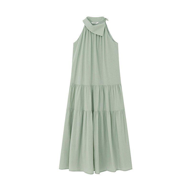 Women s Halter Neck Sleeveless Solid Dress Loose Fit High Waist Vintage Midi Dress XS