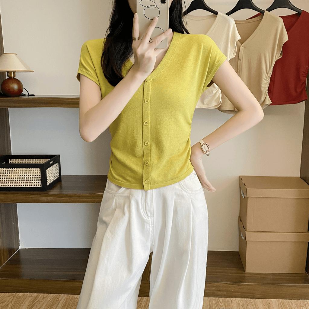 French V-neck bottoming waist small flying sleeves women's thin new chic fashion slim and thin short foreign style shirt