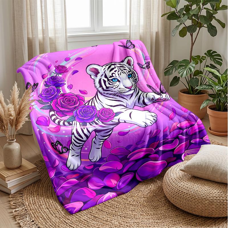 Tiger Amidst Floral Splendor Theme Blanket Lightweight Warm Flannel Blanket Decorative Throw Blanket for Home Decoration