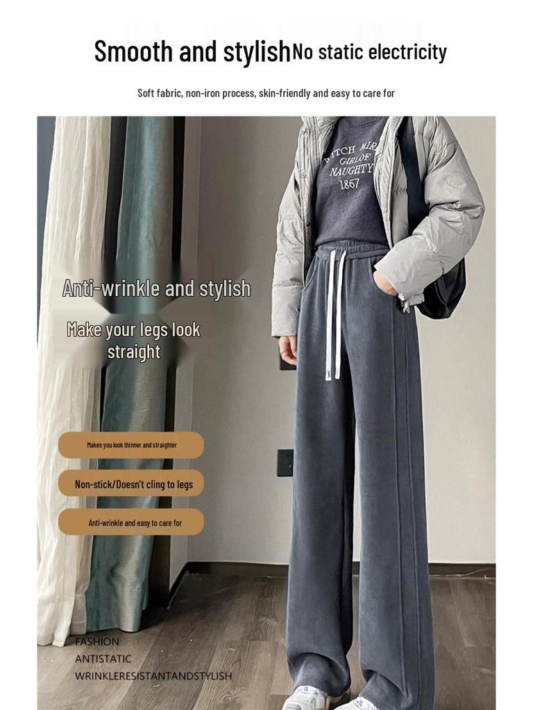 Women's Lambswool Wide-Leg Sweatpants, Autumn/Winter Narrow Straight-Leg, Tall Plus Velvet, Extra Length, Outerwear Cotton Pants.