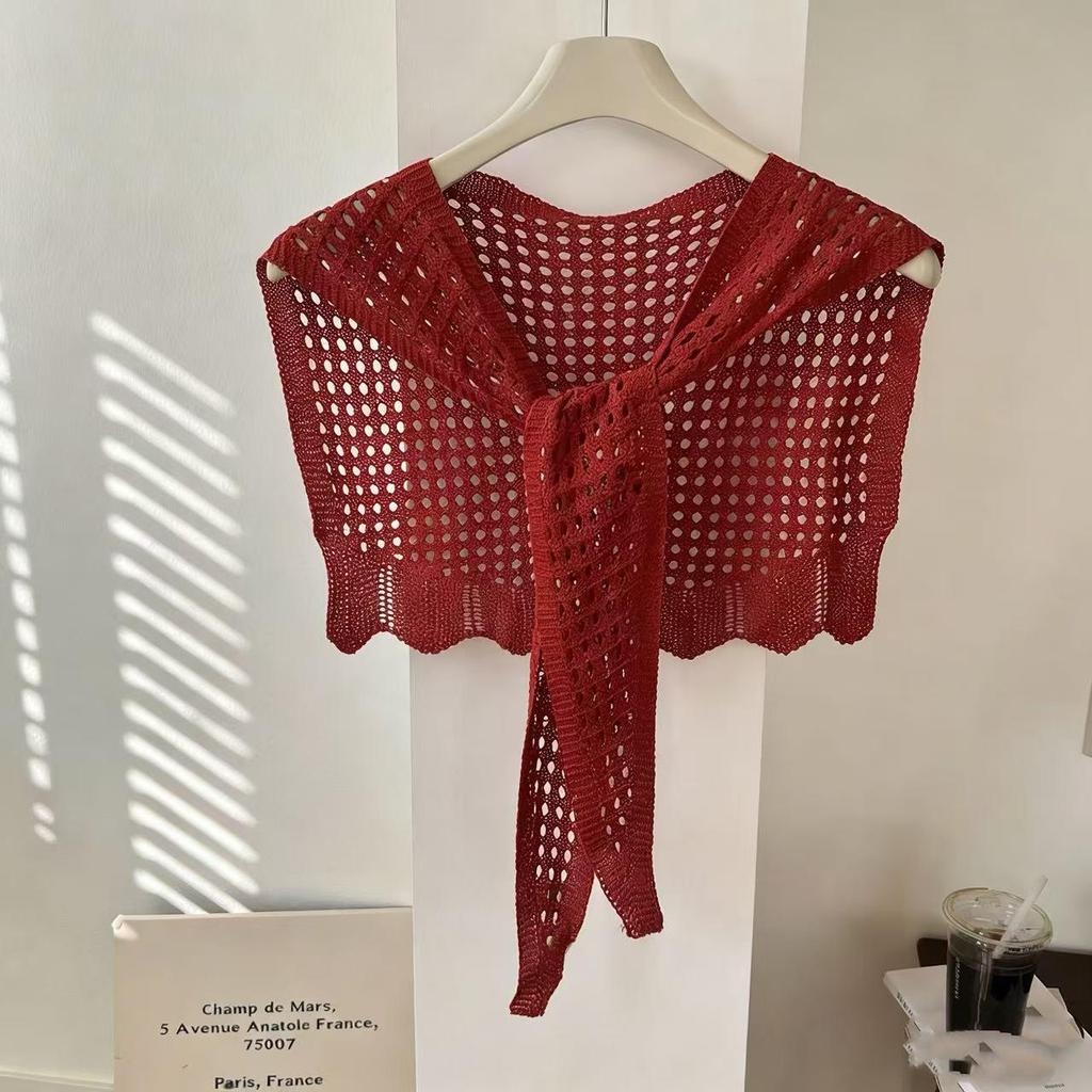 Damen Modestrick-Häkelschal - Dekorative Taillenschleife, Luftige Sommer-Schulterbedeckung, Sonnenschutz mit Rock.