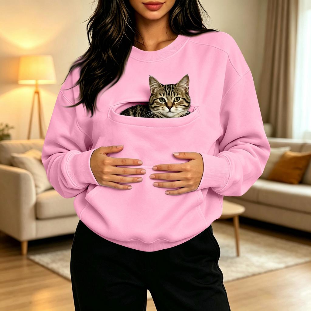 Damen Freizeit Langarm Sweatshirt mit Haustier-Tasche - Modischer Pullover für den täglichen Gebrauch