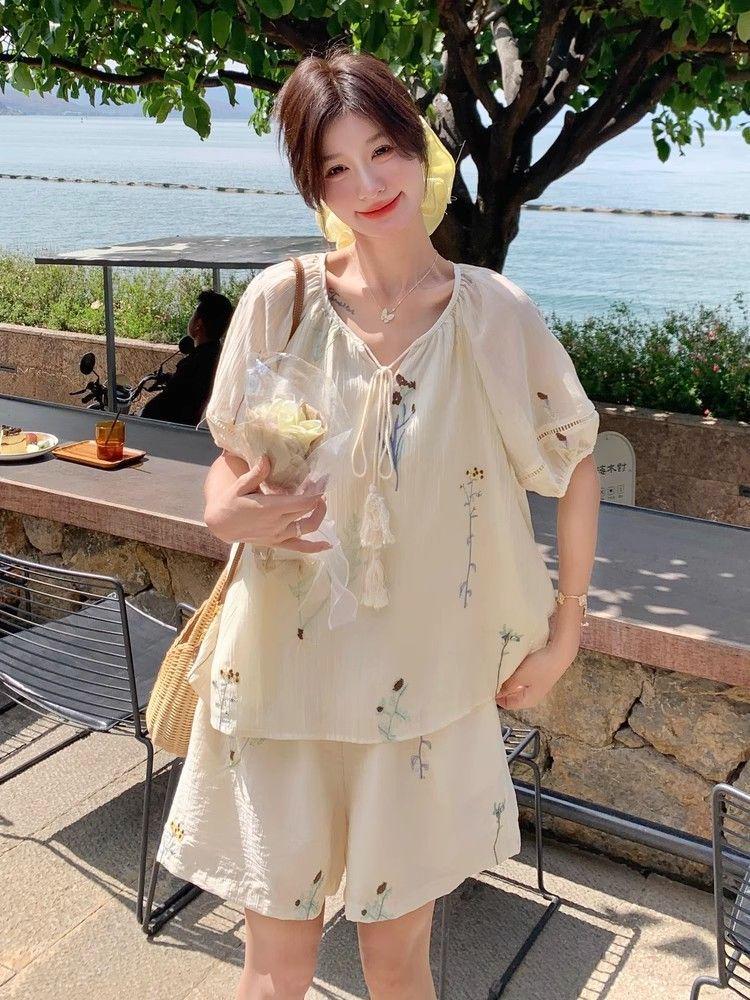 Women's Summer Lace-Up Top & Shorts Set - French Fresh Style