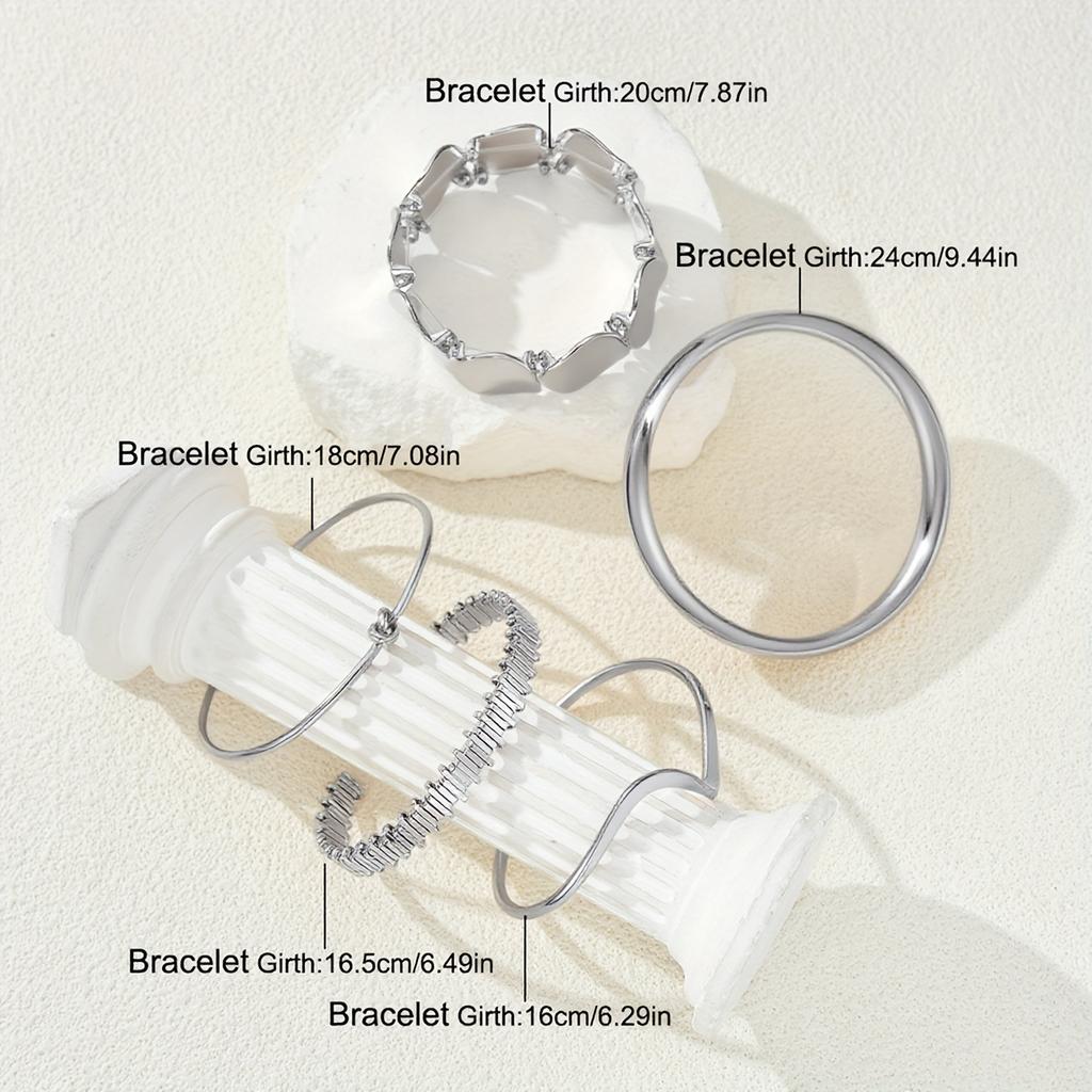 5 pièces mode rétro élégant métal style vieux argent géométrique irrégulier vague noué disque large face bracelet argenté personnalité tendance